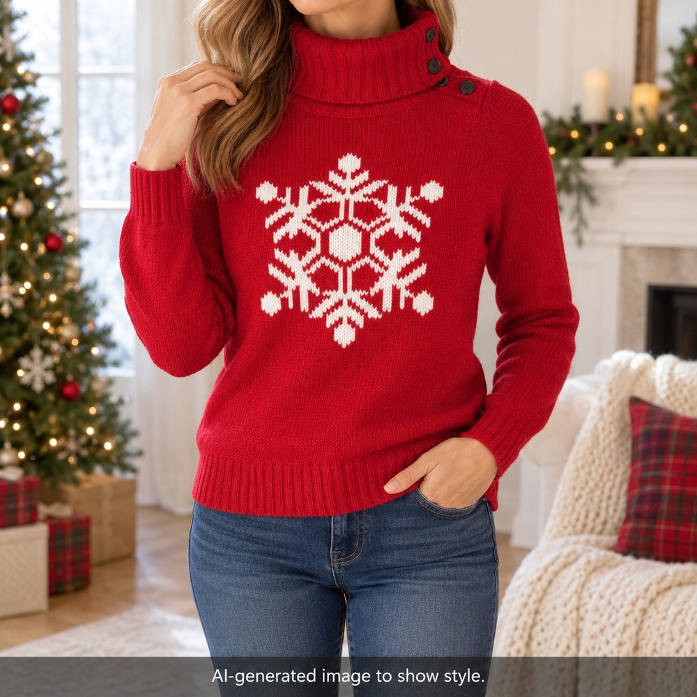 Talbots Red Snowflake Turtleneck Sweater Womens Petite XP Holiday Christmas Knit